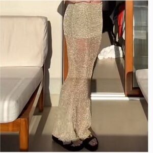 Lioness The Kendall Sz L Gold Metallic Shimmer Sheer Mesh Knit Maxi Mini Skirt